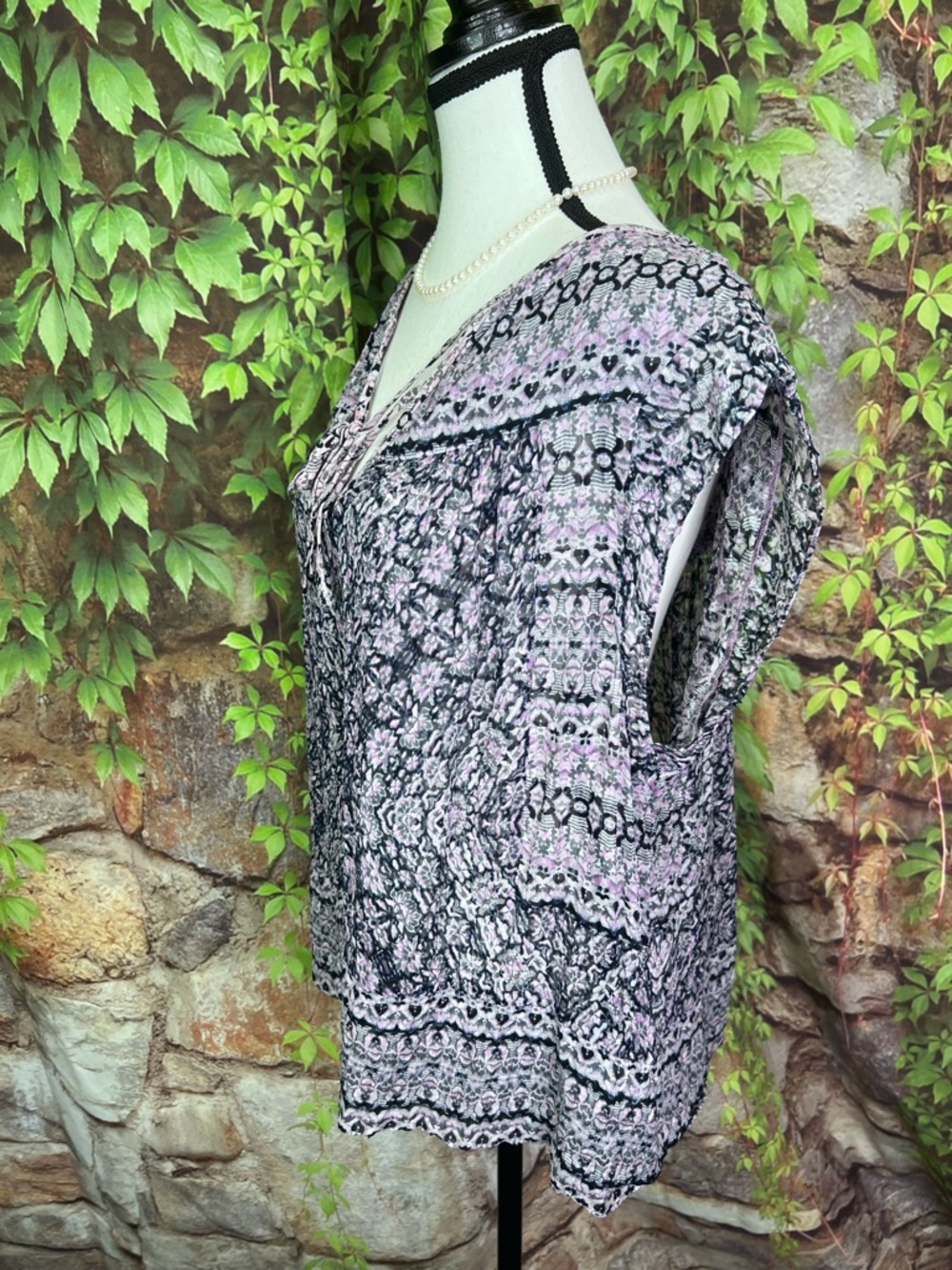 REBECCA TAYLOR Summer Designer Black and Lilac Double Tie Neck Print Blouse, 12 - Picture 5 of 12